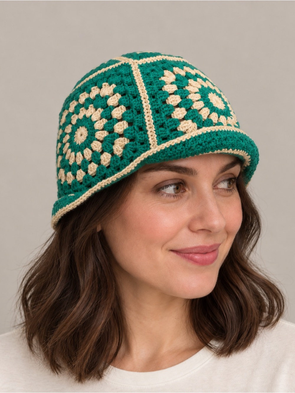 Green and Cream Crochet Bucket Hat - Women Accessories